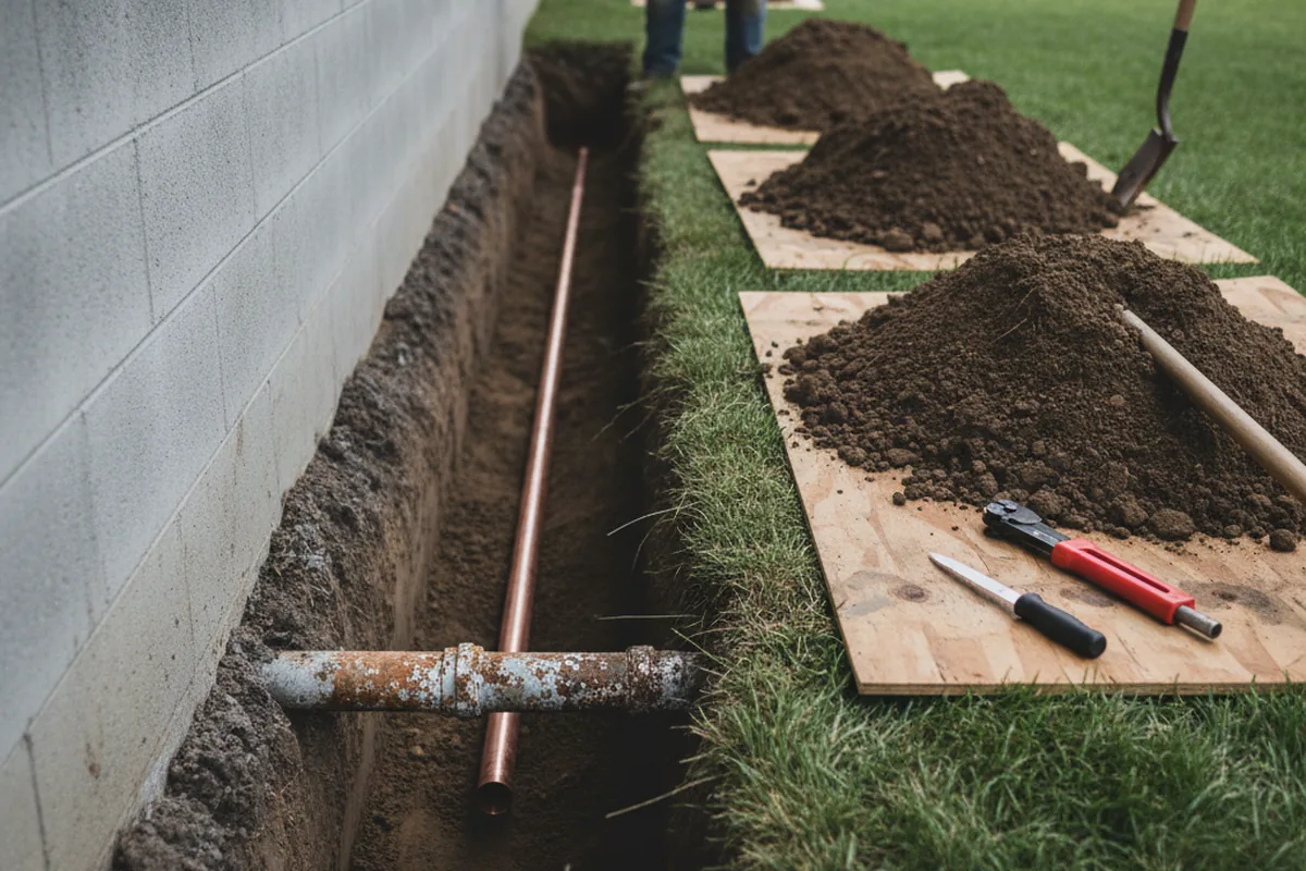 Excavated water line trench during Sewer Line Repair in Odonnell